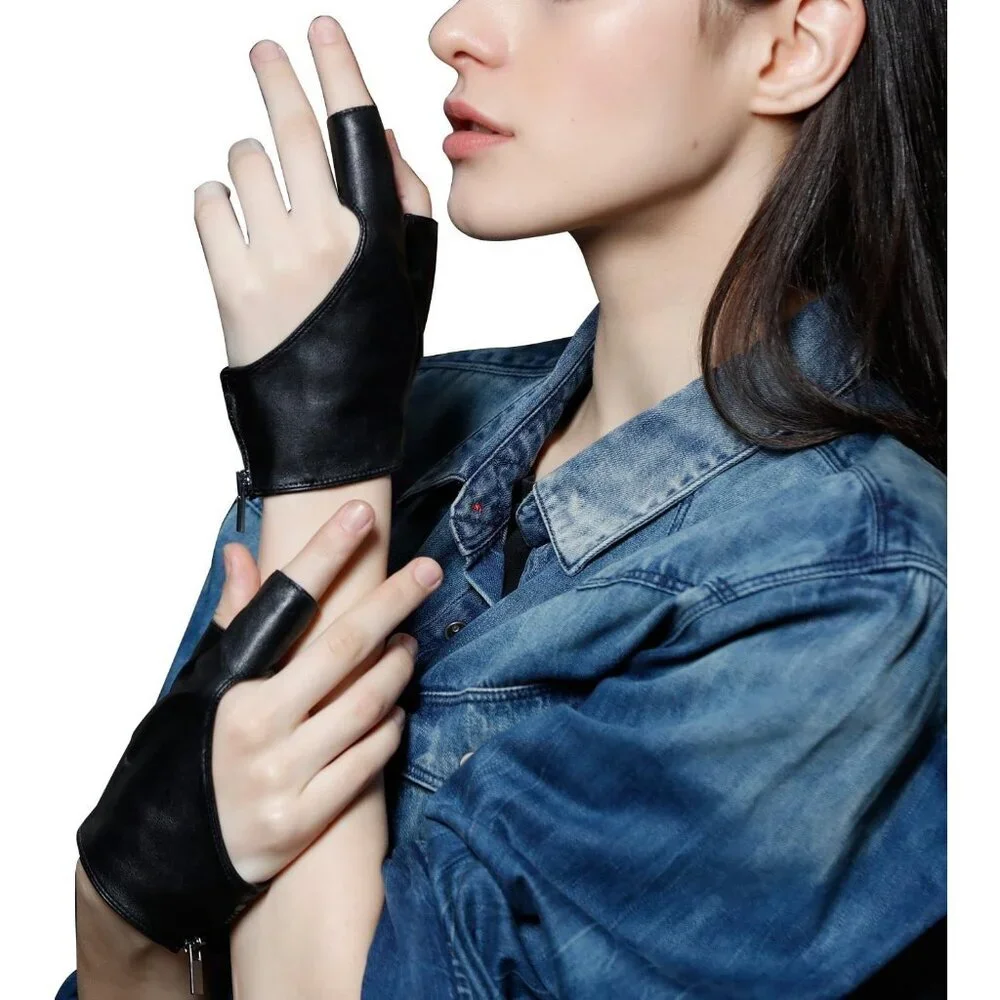 Women's Black Fingerless Leather Driving Half Finger Gloves Halloween Design